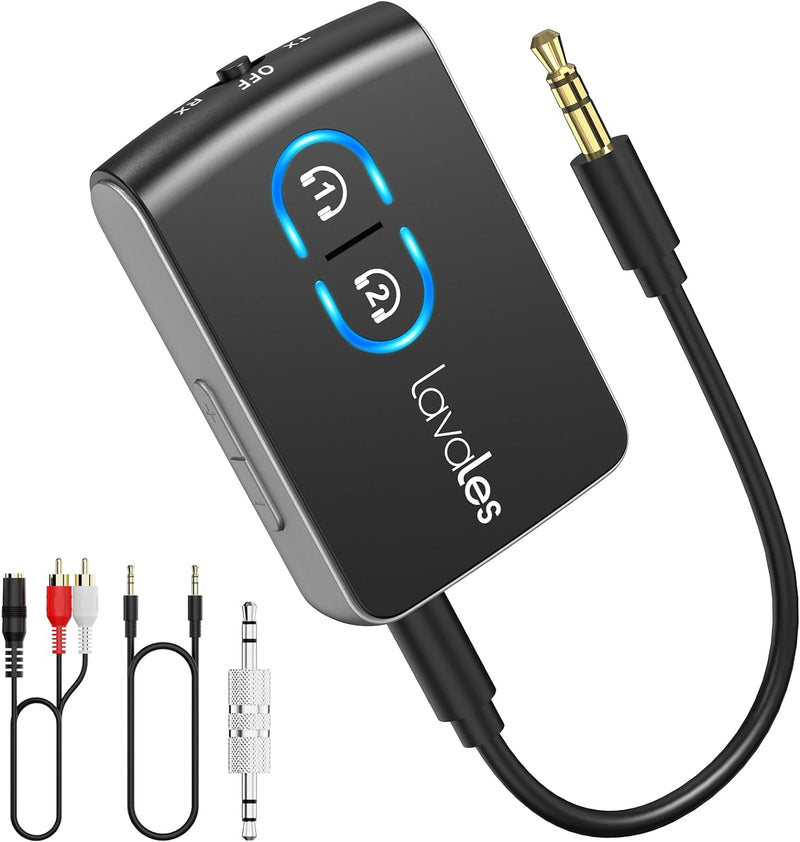 Lavales 5.3 Bluetooth Adapter AUX Pairing 2 Kopfhörers, 3,5mm Klinke Bluetooth Audio Transmitter/Rec