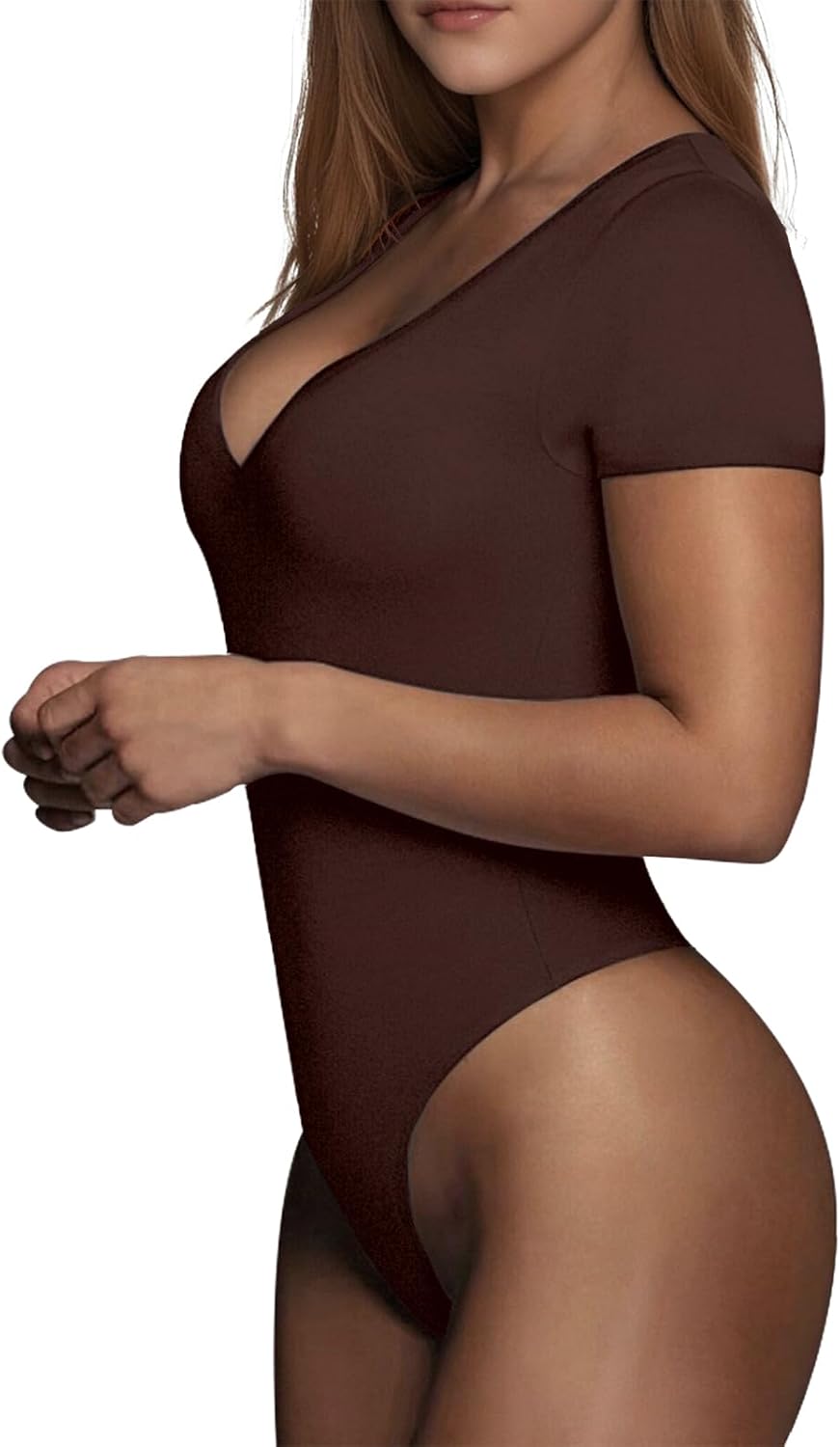 RoomTour Body Damen Elegant Kurz Bodysuit Tops Damenbody for damen Stringbody V Kragen M 1-Braun, M
