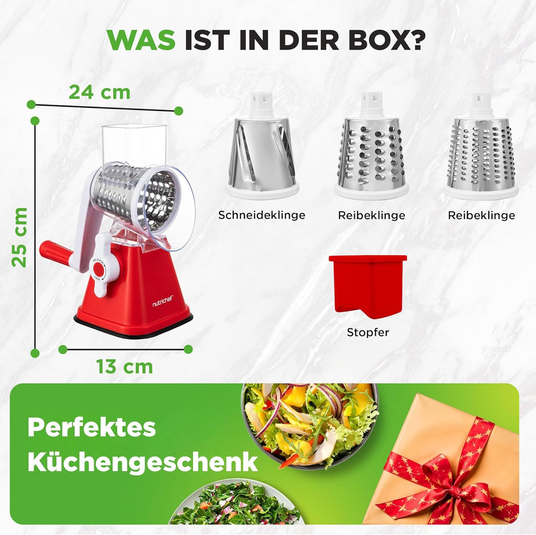 NutriChef 3-in-1 Käsereibe - mit Handkurbel – Kompakte Trommelreibe für Gemüse & Käse – 3 Schneidetr
