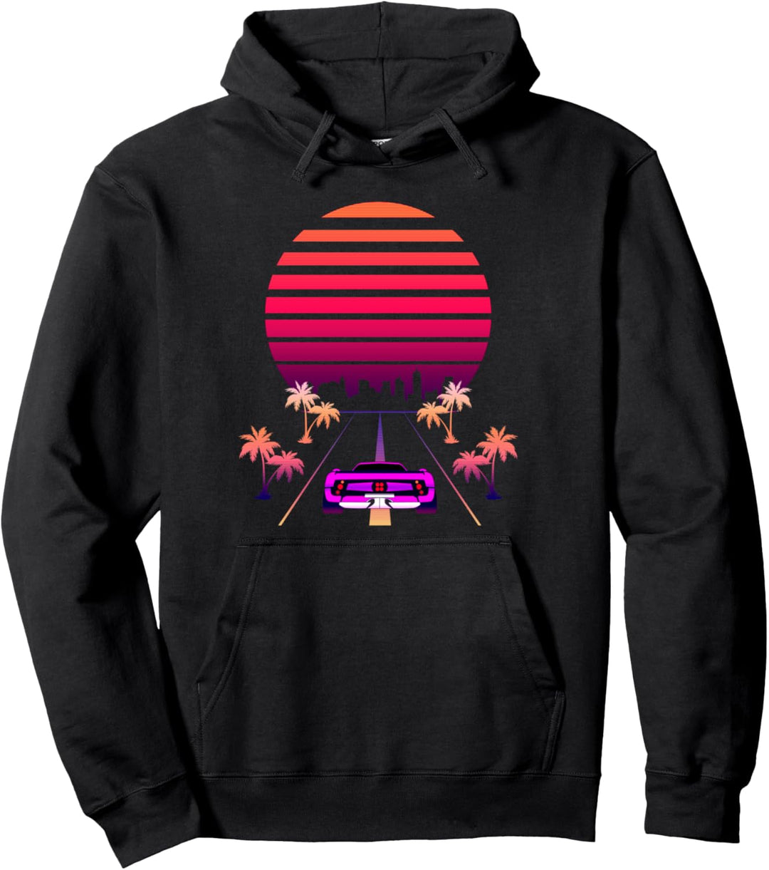 Synthwave Sunset und Retro 80er Sport Fast Car Pullover Hoodie