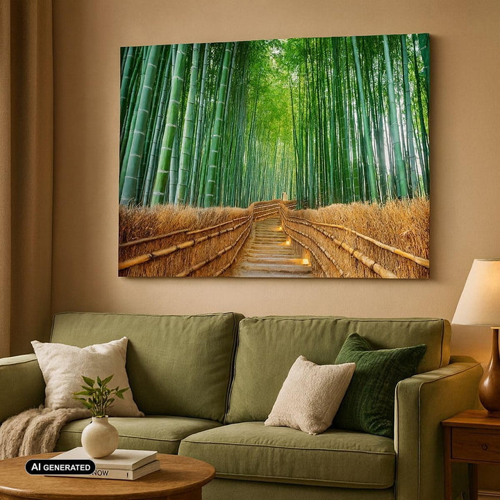 Bilder auf Leinwand 100x70cm Leinwandbild mit Rahmen Bambus Pflanze Gross Wanddeko Bild Schlafzimmer
