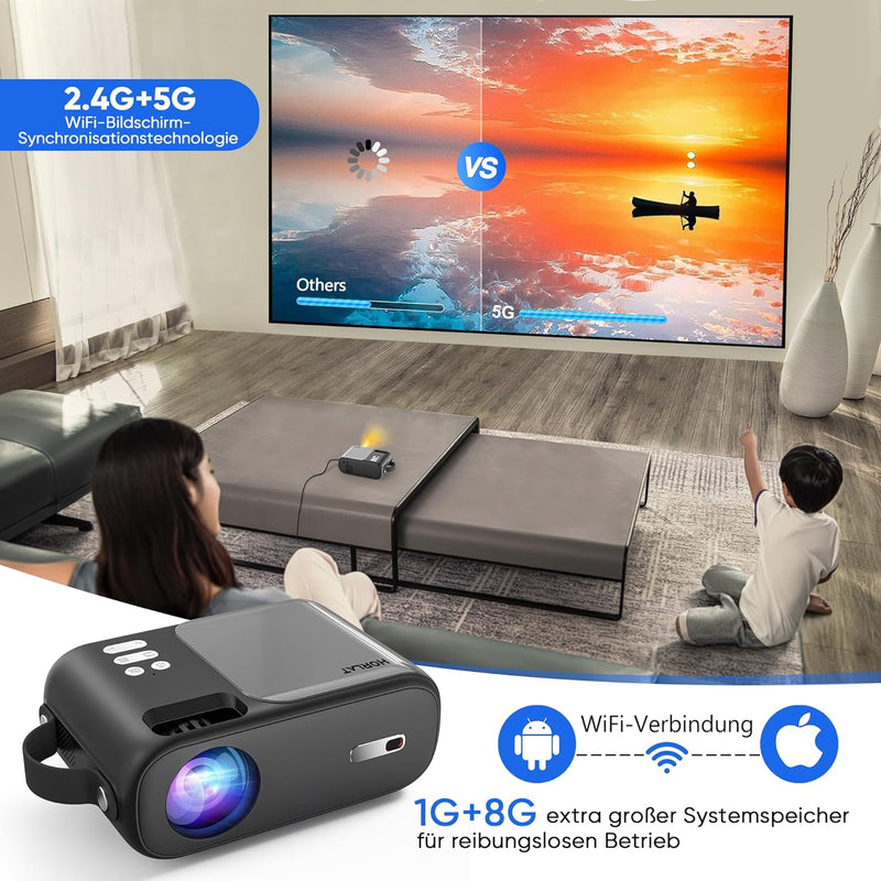 Mini Beamer, 5G WiFi Bluetooth Beamer Full HD 1080P Unterstützt, HORLAT Beamer klein 9800 Lumen Trag