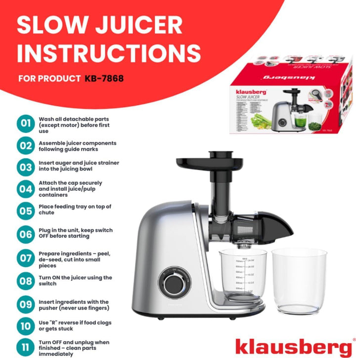 Klausberg KB-7868 Langsamer Entsafter Grau Cold Press mit 7-Stufen-Presssystem, BPA-freiem Kunststof