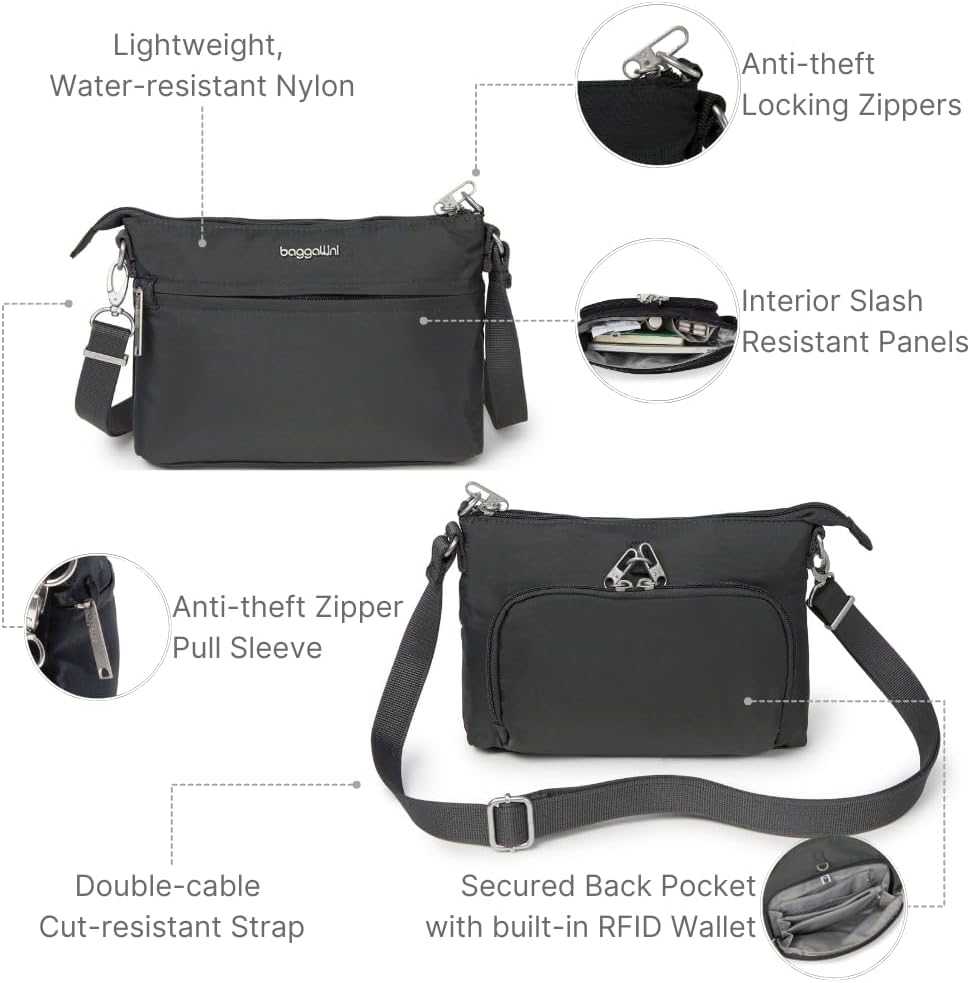 Baggallini Damen Anti-Theft Memento Crossbody Bag Umhängetasche Dunkelgrau, Dunkelgrau