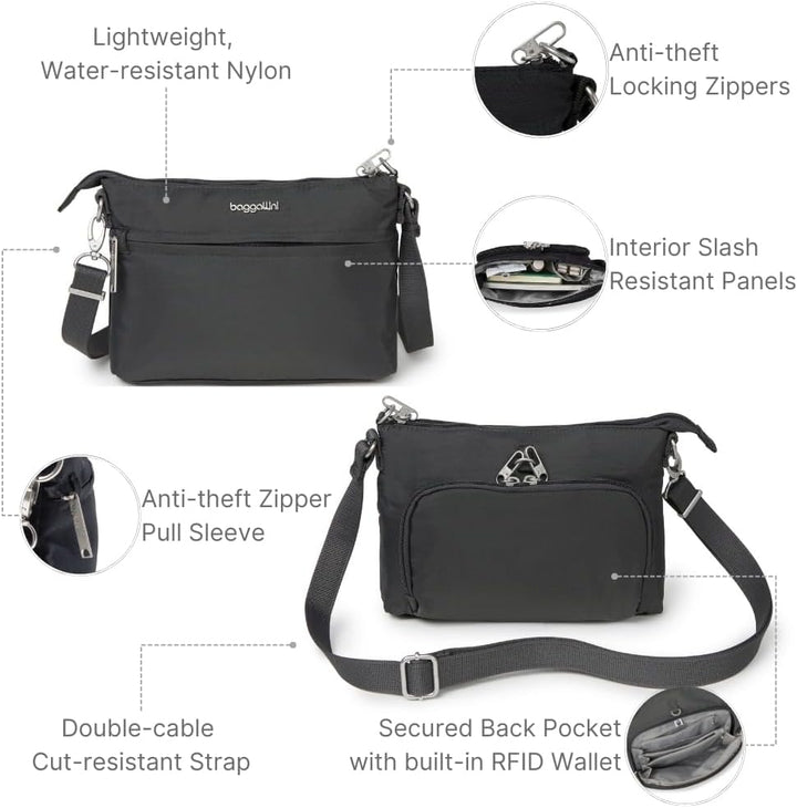 Baggallini Damen Anti-Theft Memento Crossbody Bag Umhängetasche Dunkelgrau, Dunkelgrau