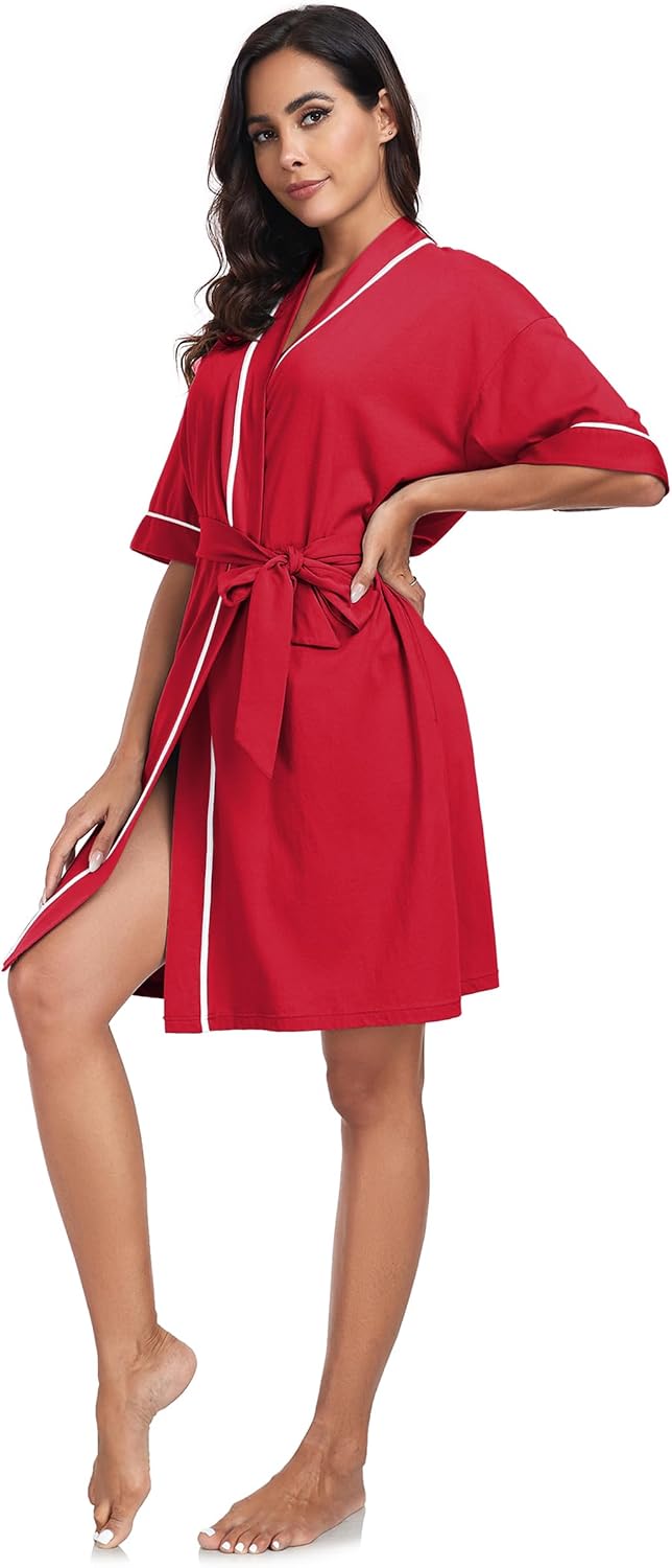 COLORFULLEAF 100% Baumwolle Bademantel Damen Kurz Morgenmantel Leicht Knielang Kimono Saunamantel Na