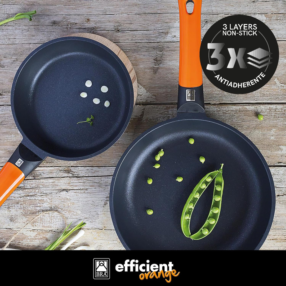 BRA Efficient Orange | Set mit 3 Bratpfannen, Aluminiumguss, mit PFOA-freier dreilagiger Antihaftbes