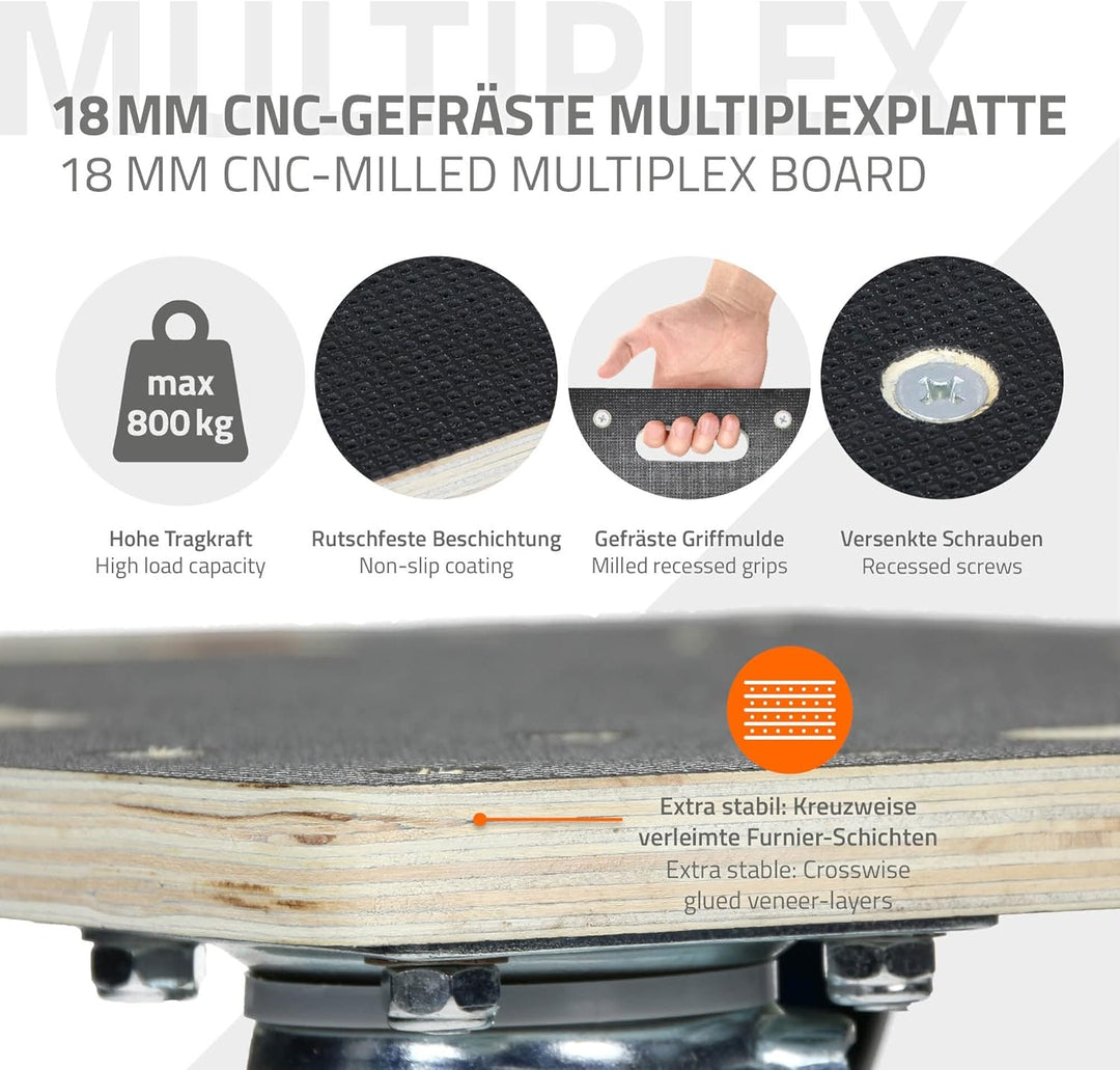 ECD Germany 2er Set Transportroller mit 2X Feststellbremse, 35x50 cm, 800kg Siebdruckplatte, PP-Räde
