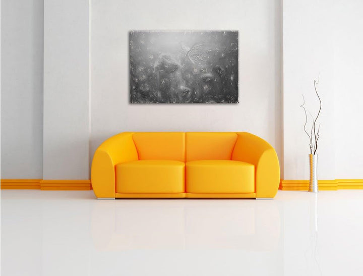 Pixxprint Mohn und Schmetterling Kunst / 100x70cm Leinwandbild bespannt auf Holzrahmen/Wandbild Kuns