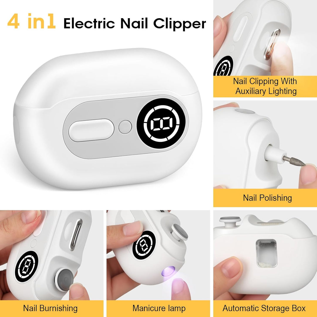 4-in-1 Elektrischer Nagelknipser – Elektrischer Nageltrimmer mit LED-Licht,UV-Lampe und Aufbewahrung