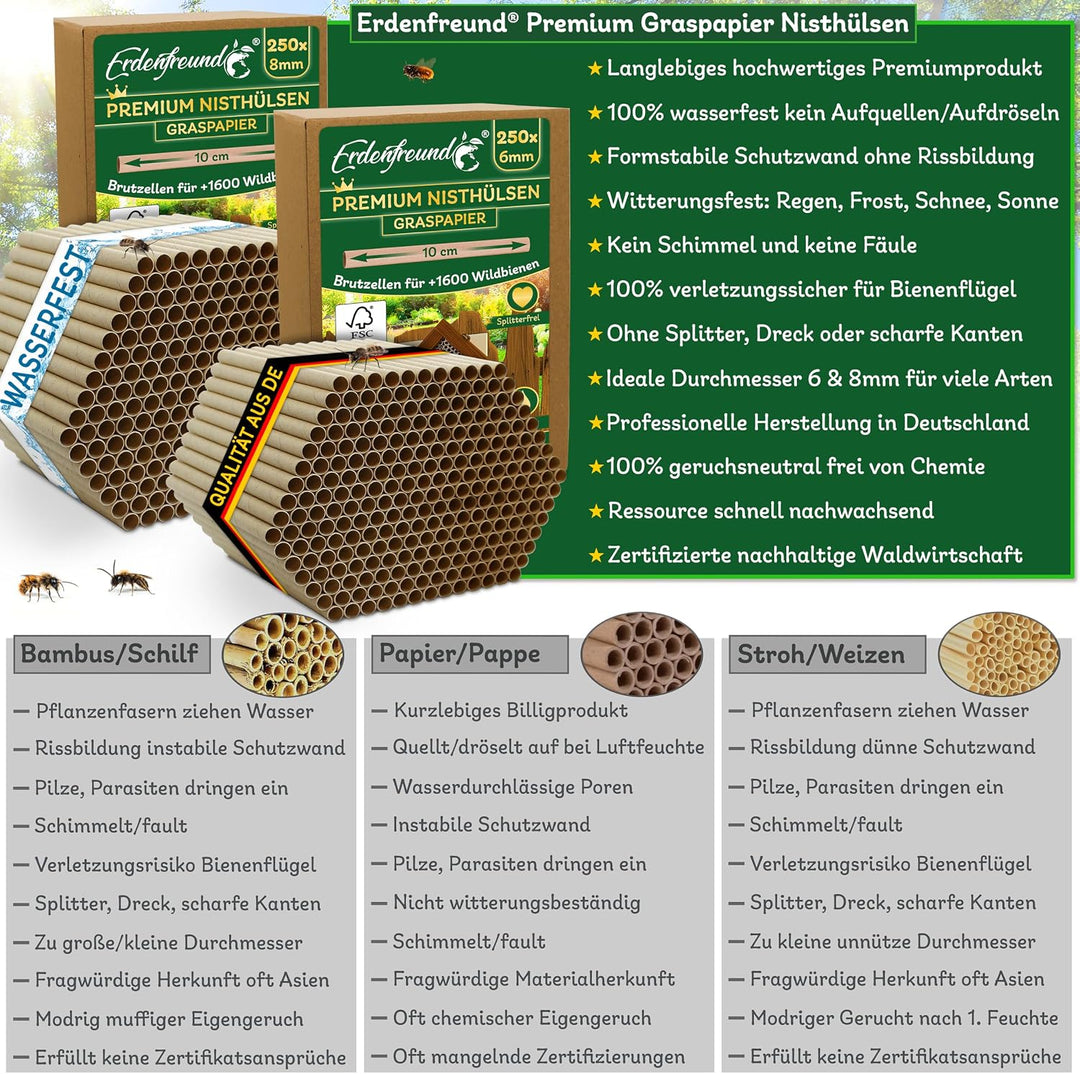ERDENFREUND® 6 &amp; 8mm Premium Graspapier Niströhren für Wildbienen ohne Splitter 2x250 Nisthülsen Ins