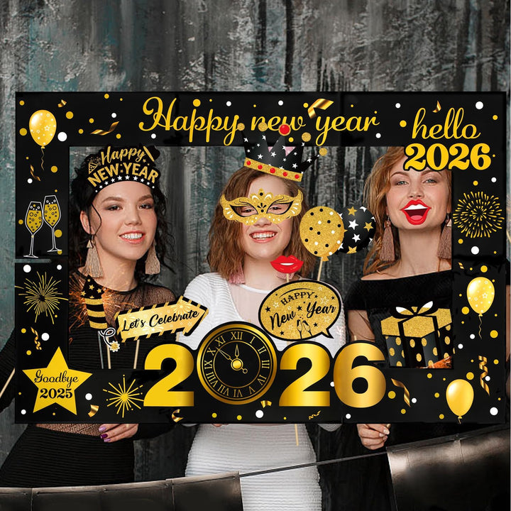 HOWAF 26pcs Silvester Foto Requisiten mit 90X60CM XXL Silvester Fotorahmen Bilderrahmen Neujahr Phot