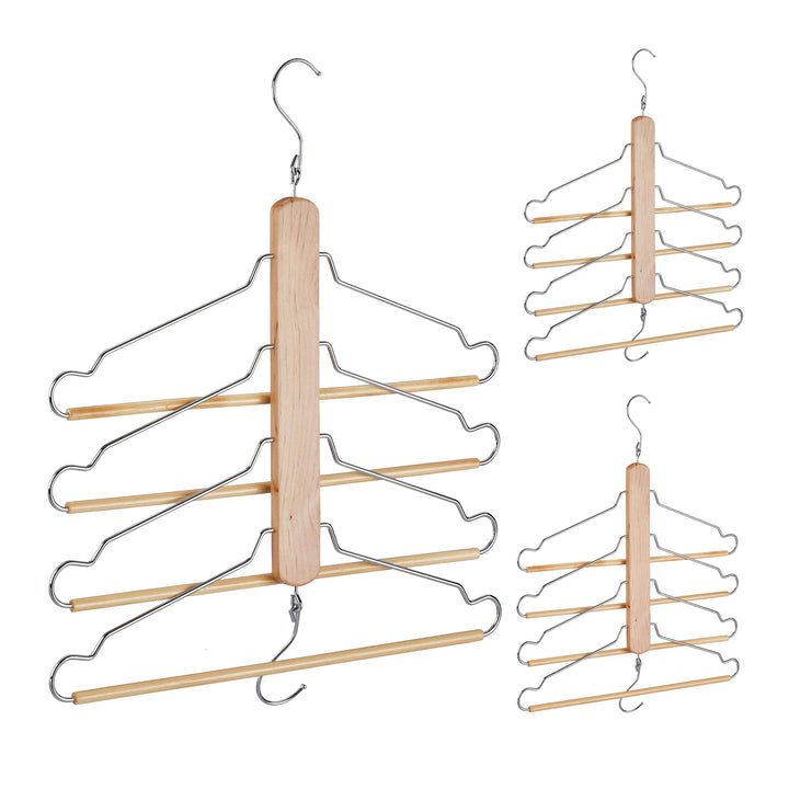 Relaxdays Mehrfach Kleiderbügel, 3er Set, platzsparend, 4 Bügel mit Hosensteg, Holz, Metall, Multibü
