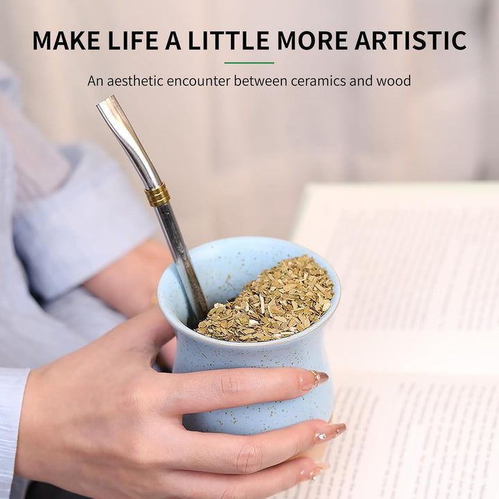 Yerba Mate Keramiktasse mit originalem Holzsockel, 237 ml, inklusive Mate-Kürbis, Bombilla-Strohhalm