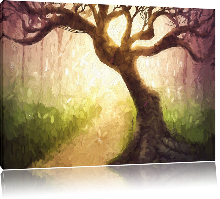 Pixxprint Riesiger Baum am Waldweg Pinsel Effekt, Format: 100x70 auf Leinwand, 100x70