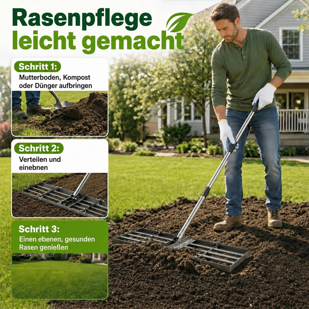 Rasen-Nivellierrechen 76 x 25 cm, Stiel 85-195 cm | Robuster Eisenkopf, Edelstahlstiel, faltbare 40