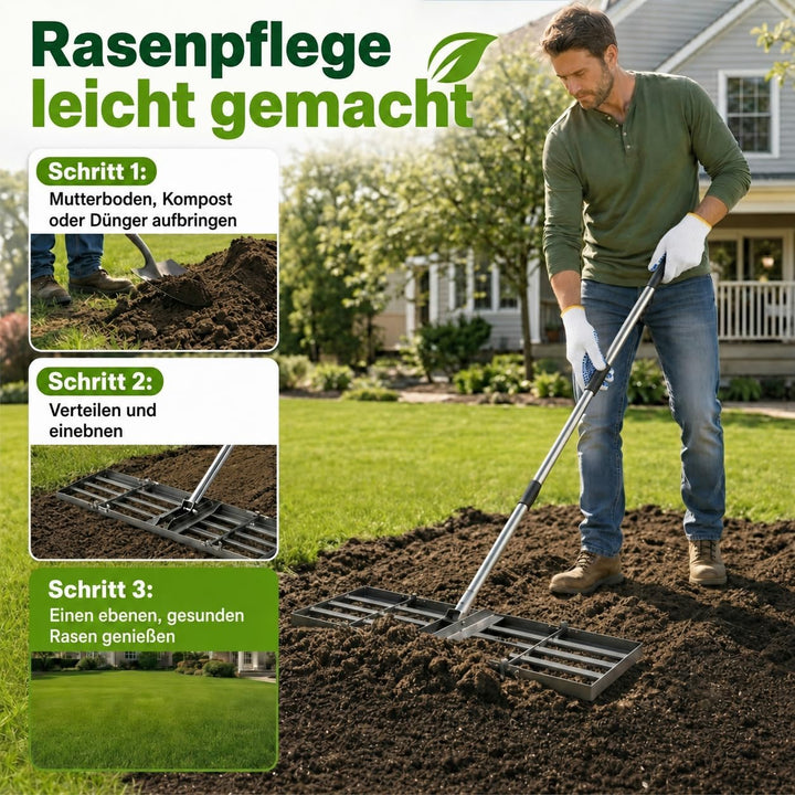 Rasen-Nivellierrechen 76 x 25 cm, Stiel 85-195 cm | Robuster Eisenkopf, Edelstahlstiel, faltbare 40