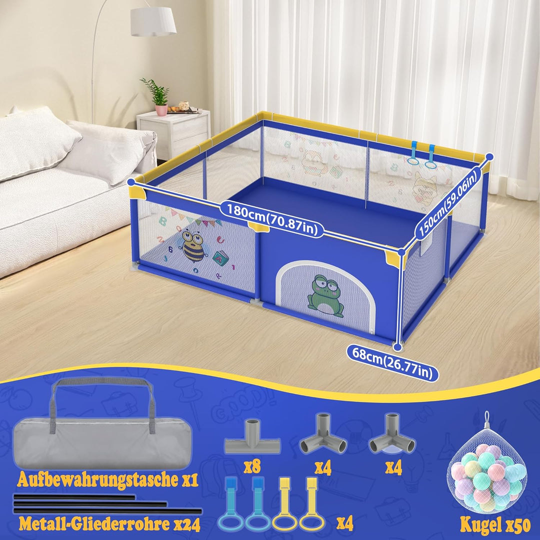 HENGMEI Baby Laufgitter Laufstall Absperrgitter 180x150cm Aktivitätszentrum mit Rutschfester Basis,