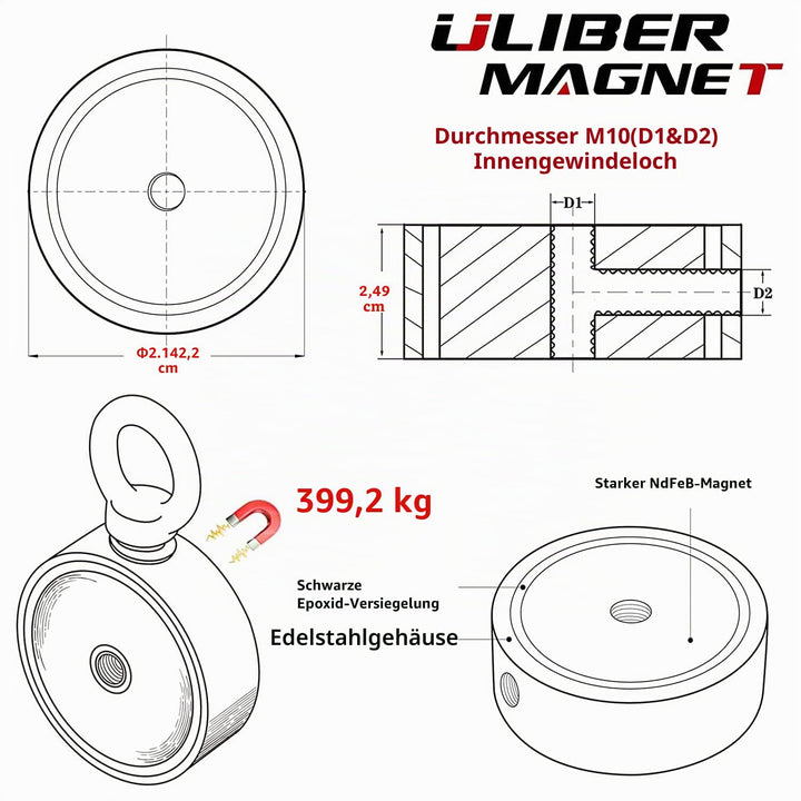 ULIBERMAGNET Super Starke Doppelseitige Angelmagnete, Neodym Magnet Angelset Starter Set 400kg N52 m