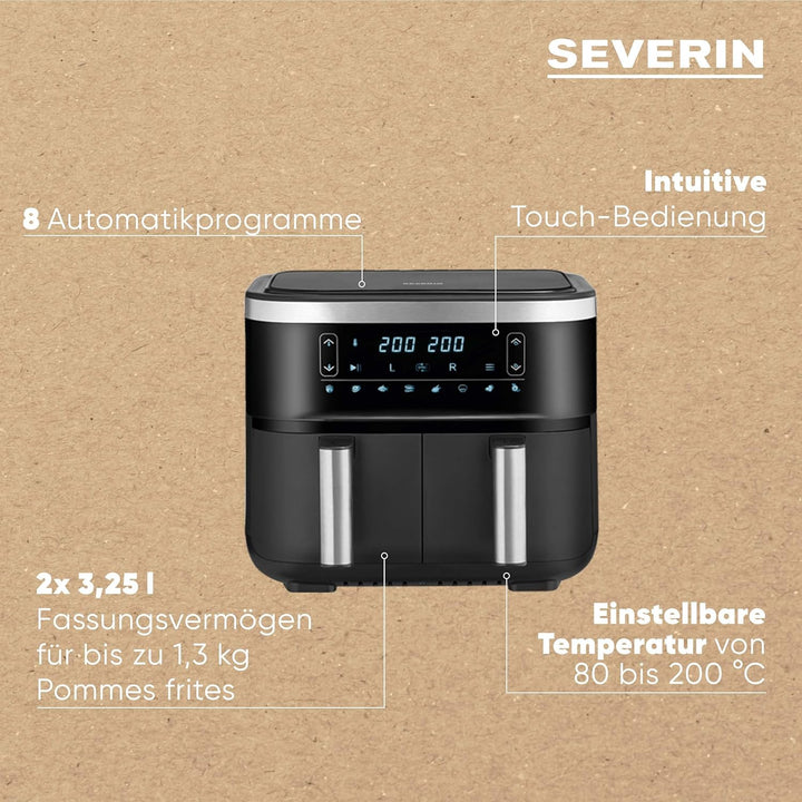 SEVERIN Doppel Heissluftfritteuse mit 2 x 3,8 L Garraum, XXL Heissluftfritteuse für gesundes Kochen,