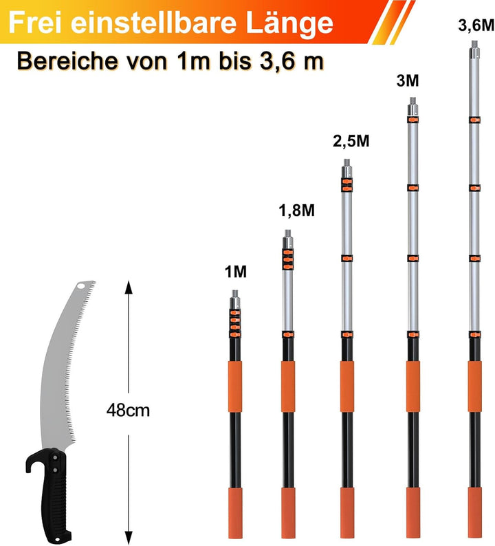 3,6m Astsäge Teleskop für Baumbeschneidung, Säge mit 1-3,6m Teleskopstange Manuelle hochentaster, Ba