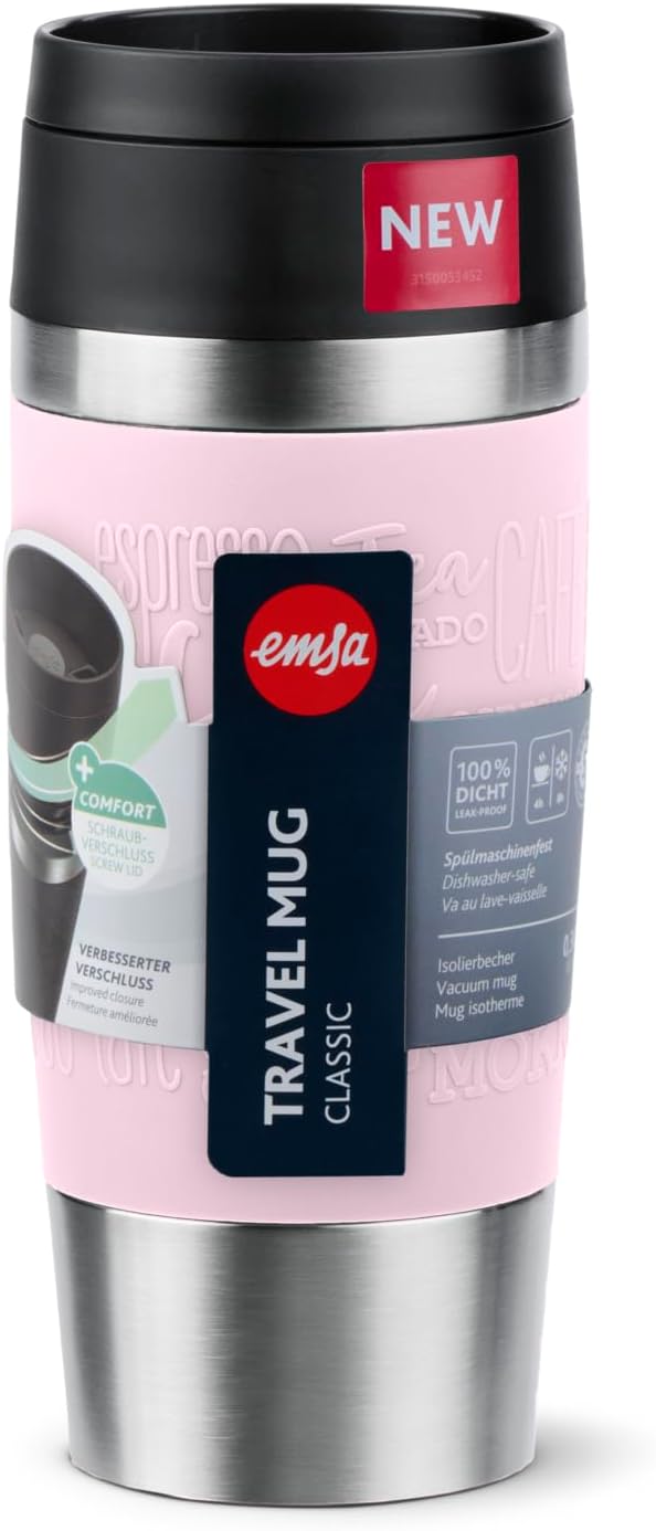 Emsa N20206 Travel Mug Classic Isolierbecher 0,36 Liter | neuer Komfort-Schraubverschluss | Edelstah
