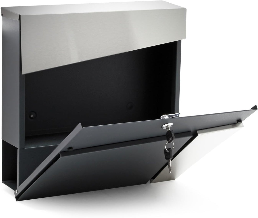 Wiltec Designer Briefkasten V24 Anthrazit und Edelstahl 370 x 105 x 370 mm, Wandbriefkasten mit Schl