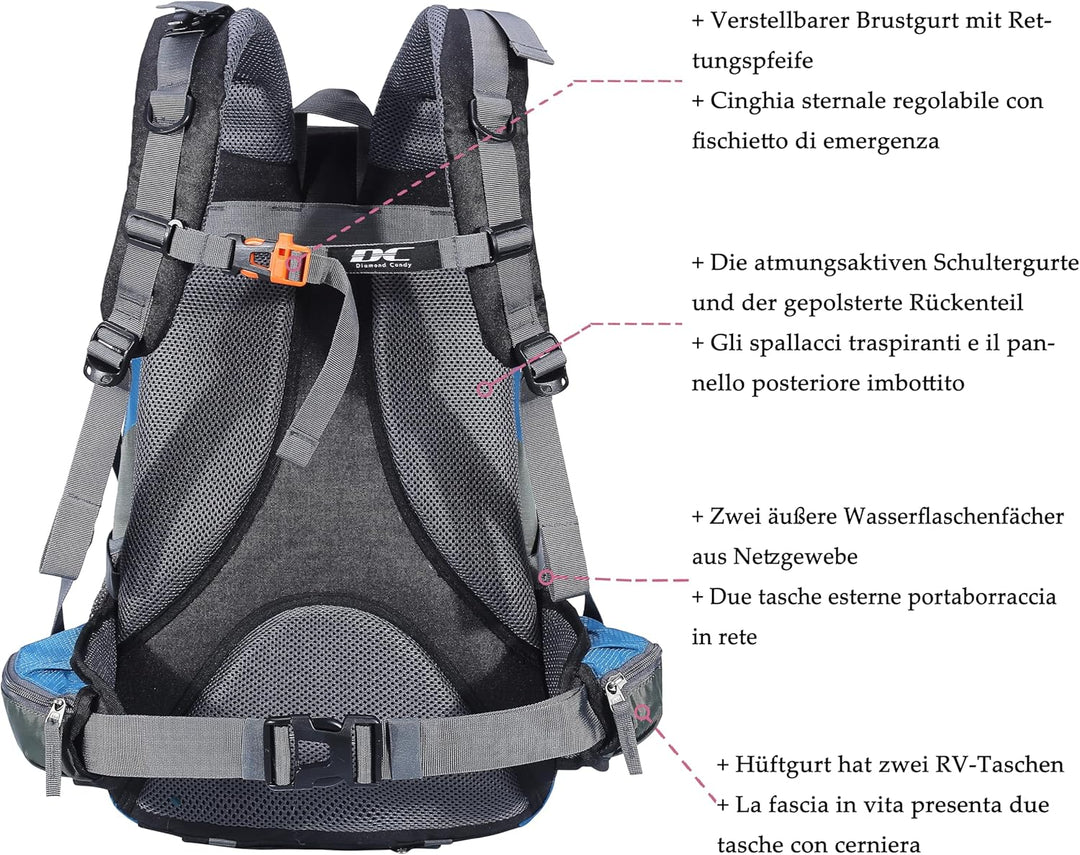 Wanderrucksack 40l Damen Herren Rucksack Wasserdicht Reiserucksack mit Regenschutz Blau, Blau