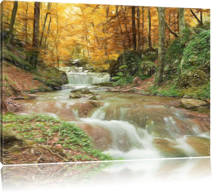 Pixxprint Waldbach im Herbst als Leinwandbild/Grösse: 120x80 cm/Wandbild/Kunstdruck/fertig bespannt,