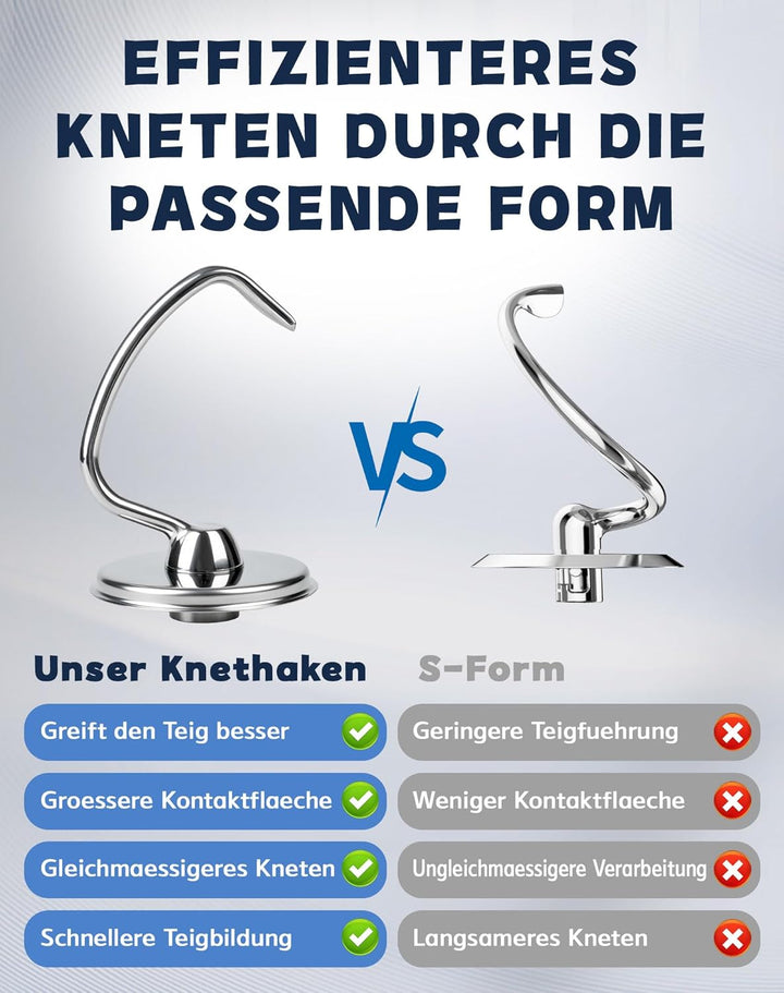 Knethaken für Kitchenaid 4.5/5QT Edelstahl Knethaken, Teigpeitsche für Standmixer, Artisan Rührhaken