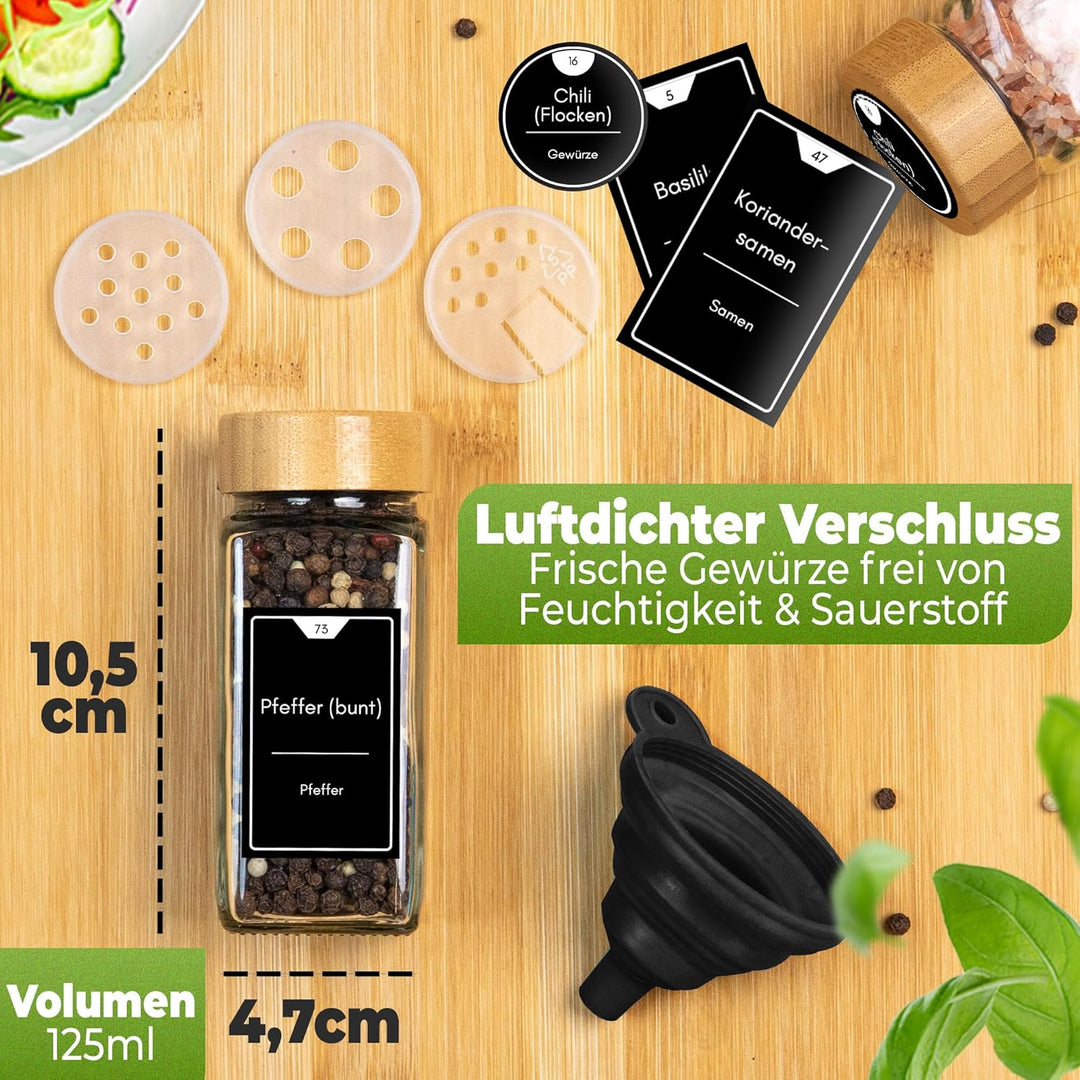 Gewürzgläser eckig [36 x 125ml], Luftdichte Gewürzgläser mit Streueinsatz + 248 wasserfeste Gewürzet