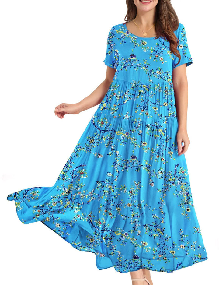 YESNO Damen Kleider Freizeit Lose Sommerkleid Lang Boho Maxikleid für Rundhals Strandkleid Blumenkle