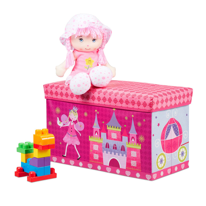 Relaxdays Sitzbox Kinder, Faltbare Aufbewahrungsbox mit Stauraum, Deckel, Prinzessin & Fee, 50 Liter