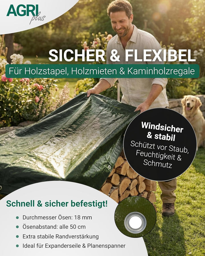 AGRI plus Holzabdeckplane 1,5 x 10 m - mit Ösen &amp; 50 Planenspanner I 210 g/m² PE-Gewebeplane mit rin