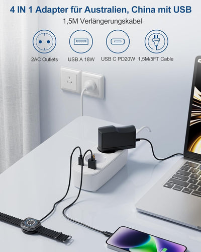 Adapter Australien, China mit PD20W USB Schnellladegerät, Adapter China Deutschland Stecker, 2-Fach