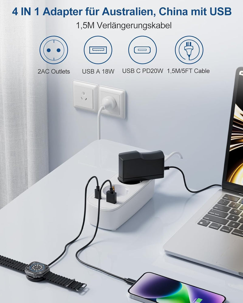 Adapter Australien, China mit PD20W USB Schnellladegerät, Adapter China Deutschland Stecker, 2-Fach