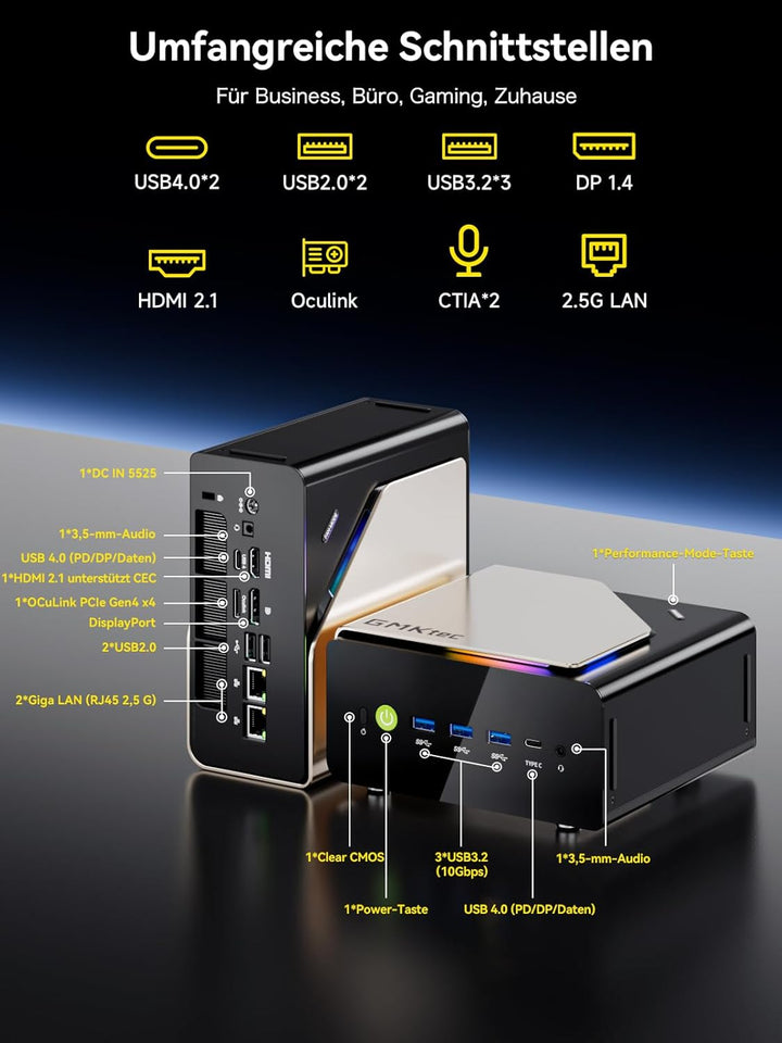 GMKtec EVO-T1 Mini-PC AI Ultra 9 285H (bis zu 5,4 GHz) 64GB DDR5 (32GBx2) 1TB PCIe 4.0 SSD (max. 128