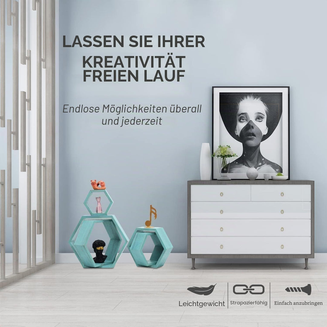 MITREL Hexagon Wandregal, Wohnzimmer Deko Wand, Holz Hängeregal für Schlafzimmer, 5er-Set(Blau) 5 St