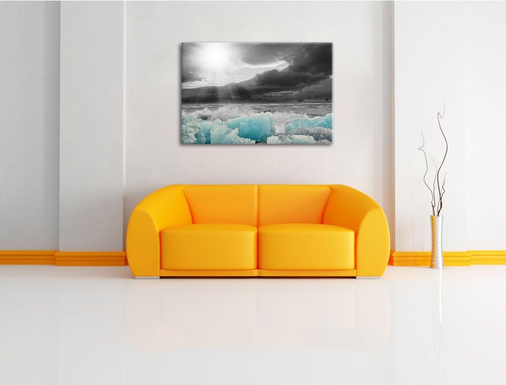 blaues Polareis an der Küste schwarz/weiss Format: 100x70 auf Leinwand, XXL riesige Bilder fertig ge