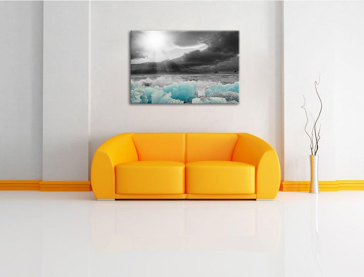 blaues Polareis an der Küste schwarz/weiss Format: 100x70 auf Leinwand, XXL riesige Bilder fertig ge
