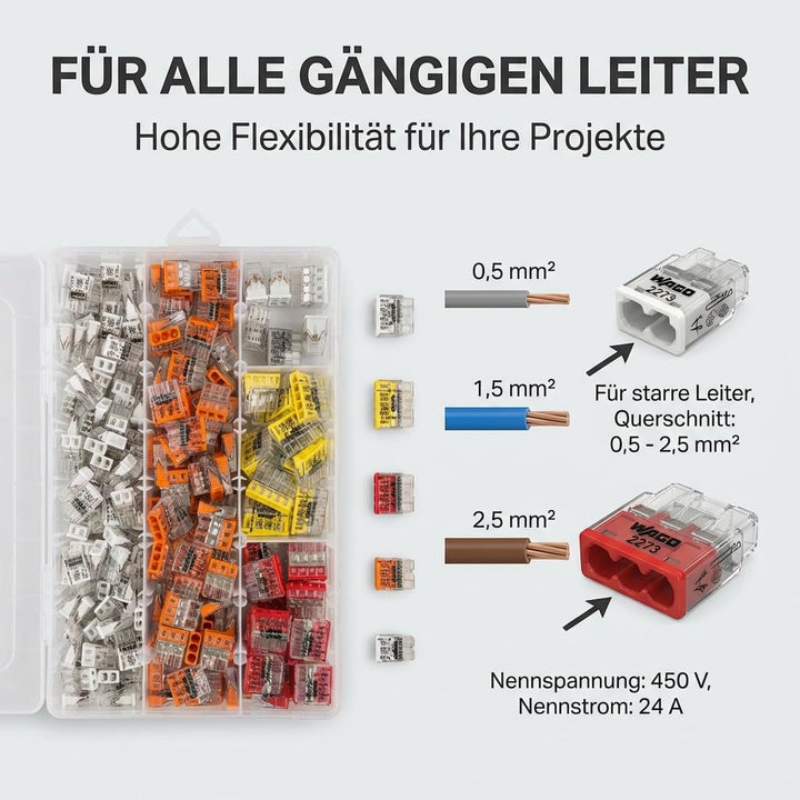 Verbindungsklemmen Set 250 Stück – enthält Original WAGO Klemmen Set Serie 2273 (2-, 3-, 4-, 5-, 8 p