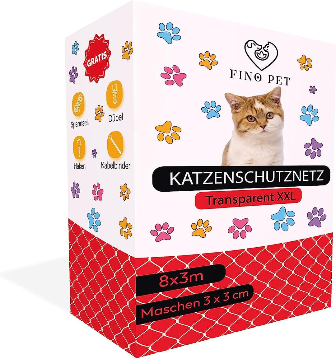 FinoPet Katzennetz für Balkon 8x3 Meter transparent inklusive Befestigungsmaterial, Katzenschutznetz