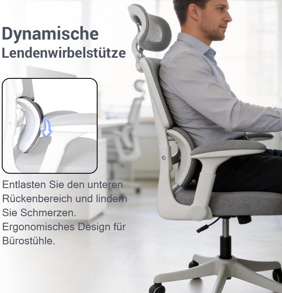 Ergonomischer Bürostuhl, Lendenwirbelstütze, höhenverstellbarer Chefsessel, Drehstuhl, Netzstuhl (Gr