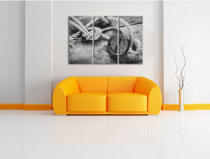 Pixxprint Schiffseil und Kompass als Leinwandbild/Grösse: 3 Teilig (120x80 cm) cm/Wandbild/Kunstdruc