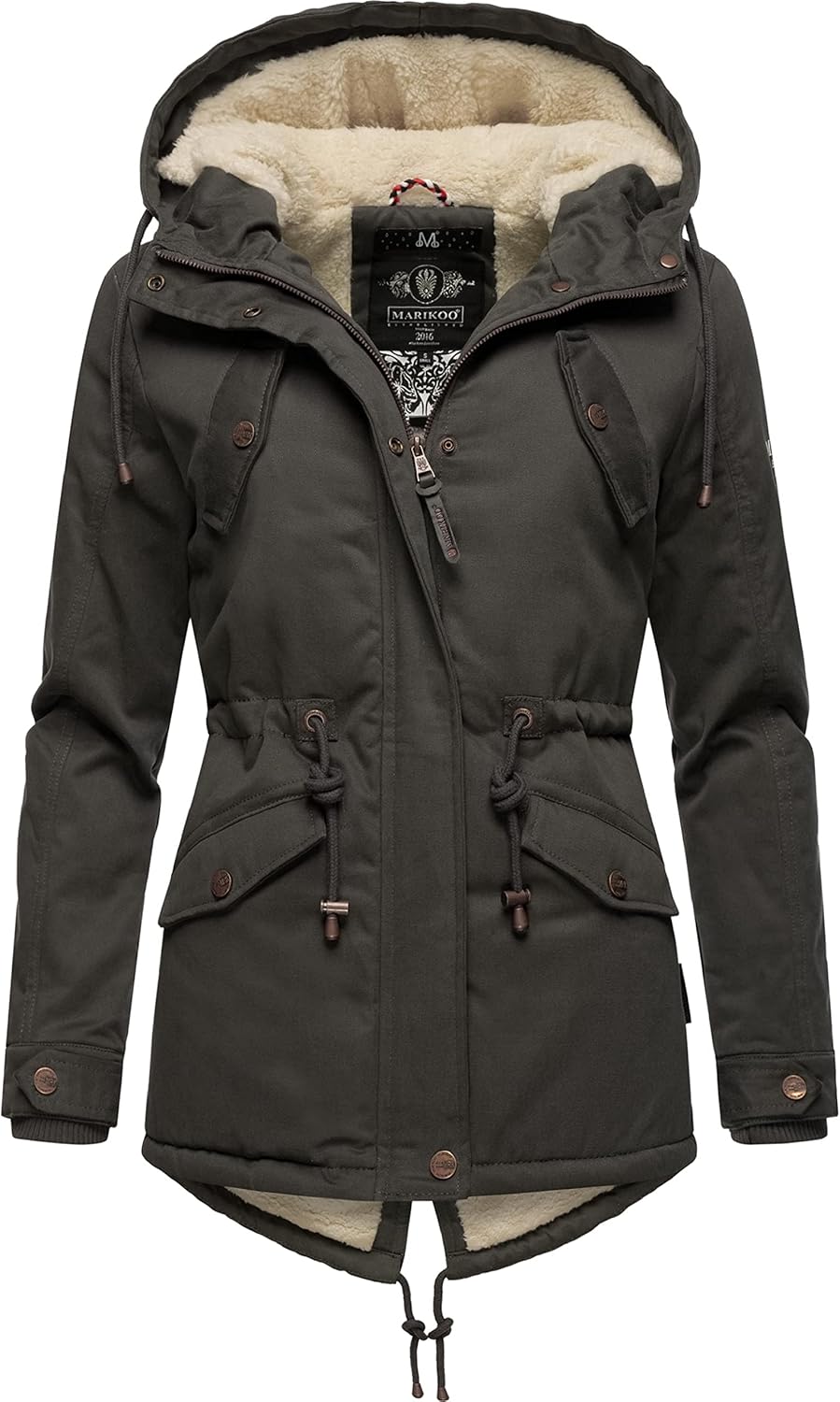 MARIKOO Damen warmer Winter Kurzmantel mit Kapuze Manolya XS-XXL XS Anthrazit, XS Anthrazit