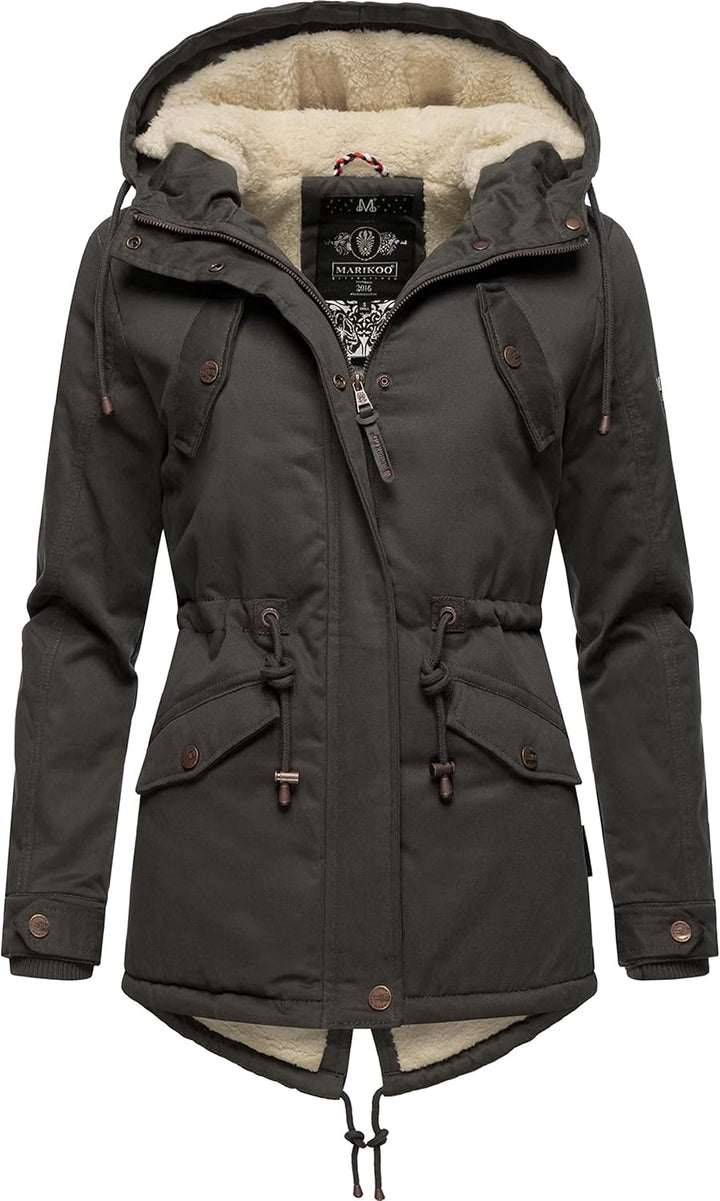 MARIKOO Damen warmer Winter Kurzmantel mit Kapuze Manolya XS-XXL XS Anthrazit, XS Anthrazit