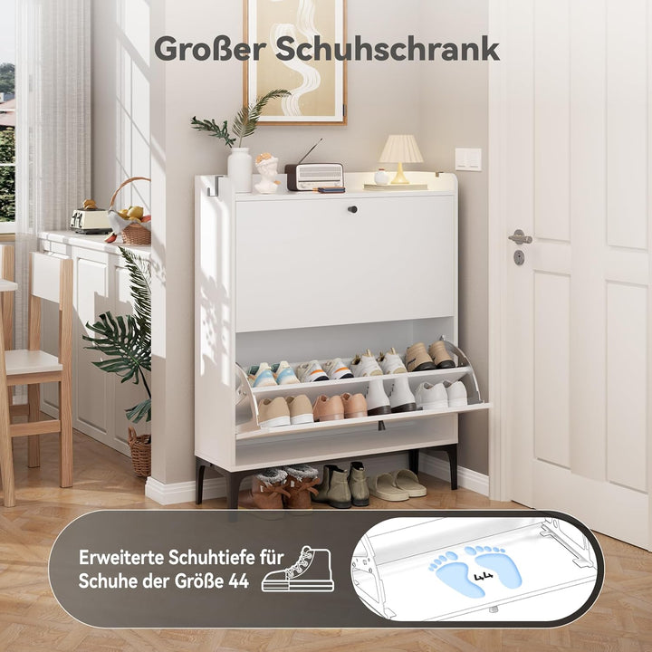 Dripex Schuhschrank schmal, Schuhkipper mit 2 Flip-Schubladen,Schuhregal schmal mit Metallfüssen für