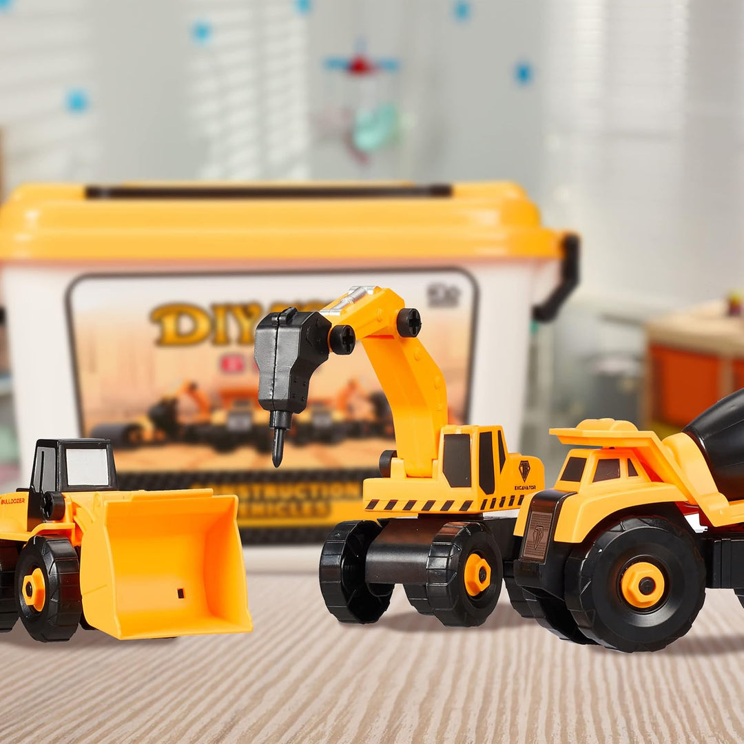 Relaxdays Baustellenfahrzeuge Kinder, 6-TLG. Set, Bagger Spielzeug, DIY, Schraubendreher, Box, ab 3