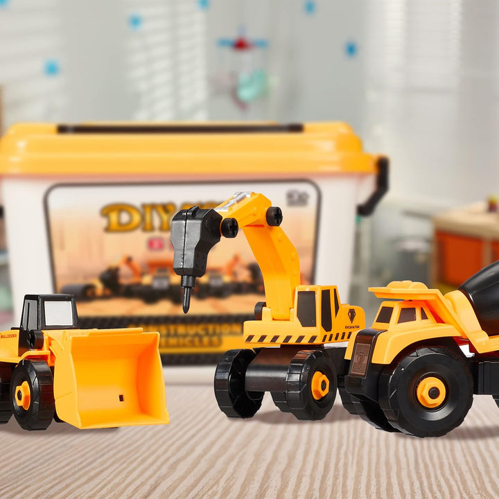 Relaxdays Baustellenfahrzeuge Kinder, 6-TLG. Set, Bagger Spielzeug, DIY, Schraubendreher, Box, ab 3
