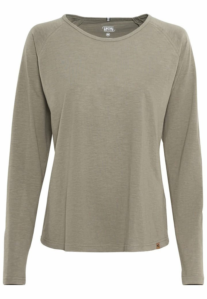 camel active Damen Basic Langarm T-Shirt mit Rundhalsausschnitt aus Reiner Baumwolle, XS Khaki